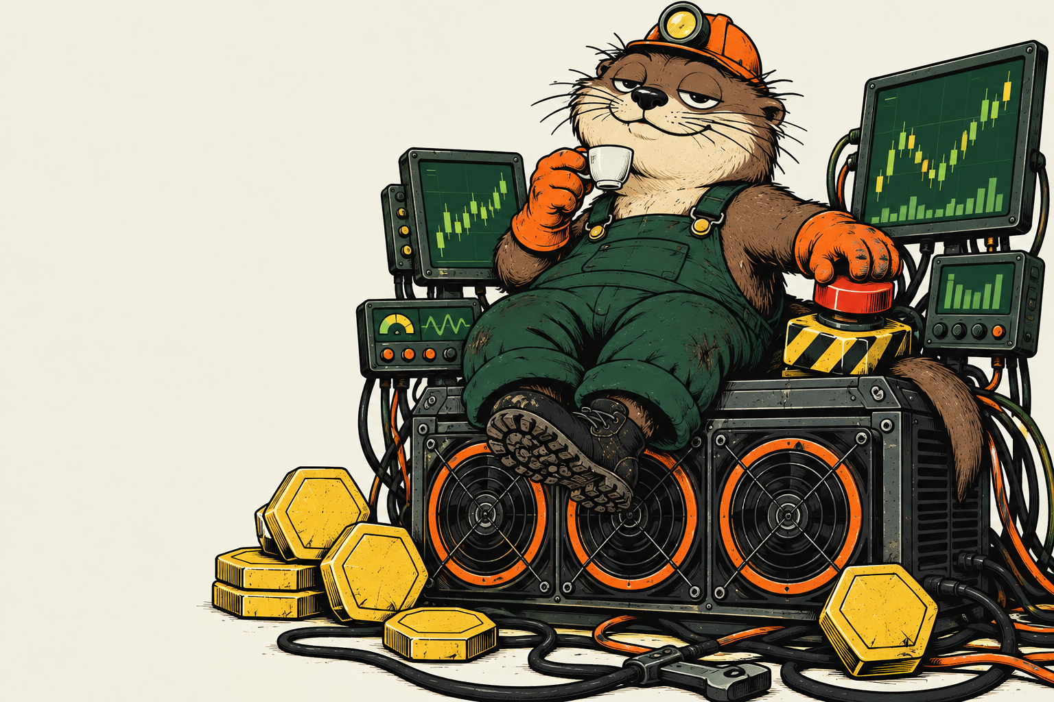 An otter miner in an orange hard hat sits on a mining rig, with coffee in one hand and the brakes in the other
